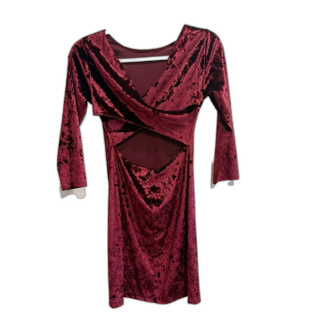 Unedited Women Red Bodycon Dress Size S V Neck Velvet Cutout Stretch Long Sleeve